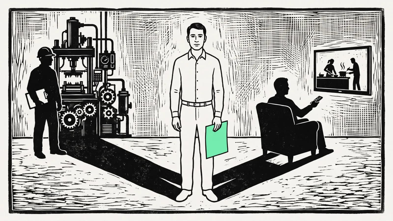 Black and white linocut: a man stands in the centre holding a lime green sheet of paper. Two opposite shadows spread from his feet, on the left a hard-hatted foreman in front of an industrial press, on the right the same man sitting in an armchair with a TV remote, facing a screen where two figures are cooking.