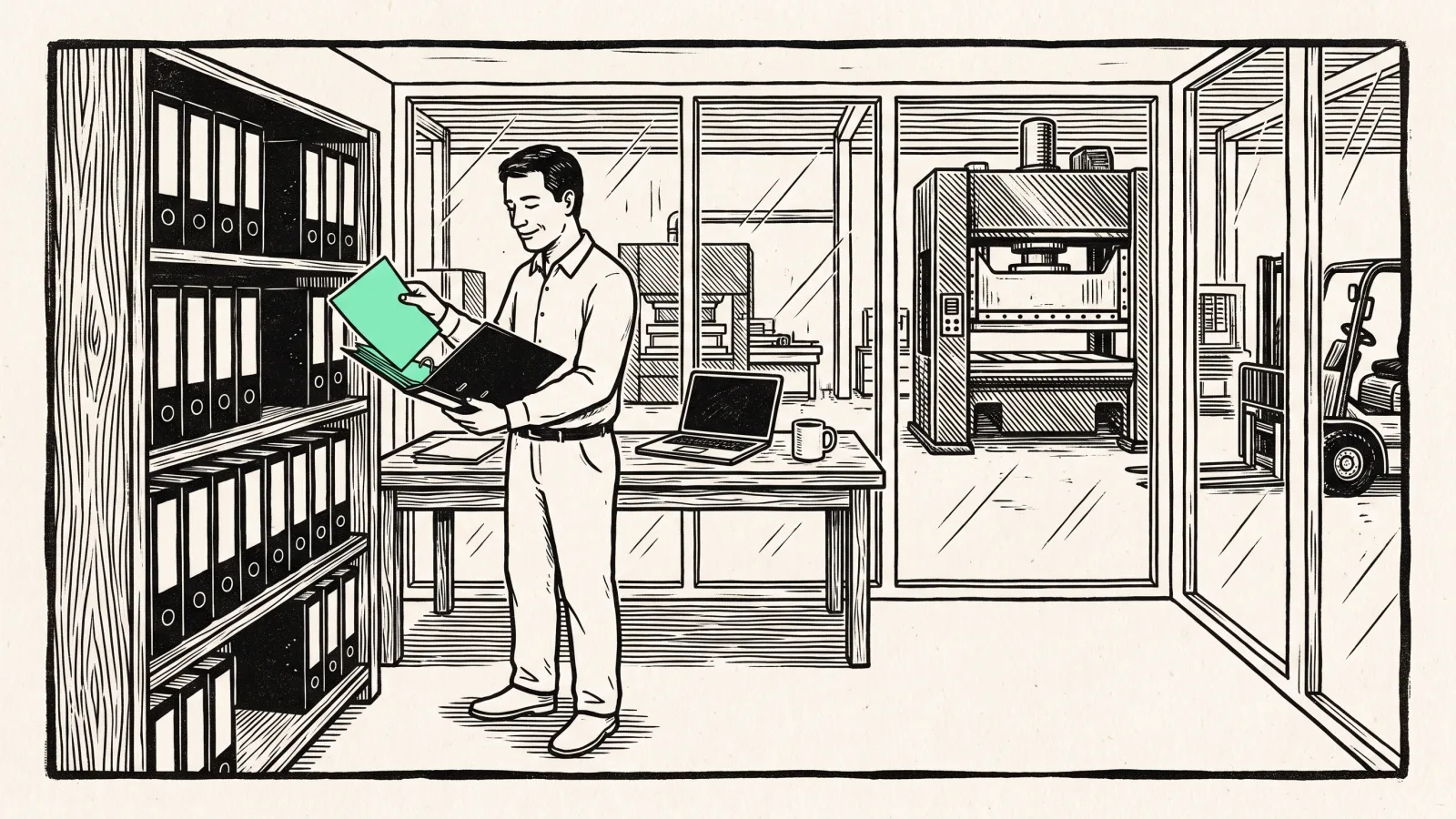 Linocut: in the glass-walled office of a workshop, a smiling man files a sheet of paper into a ring binder, in front of rows of identical binders; behind the glass, an industrial press and a forklift.