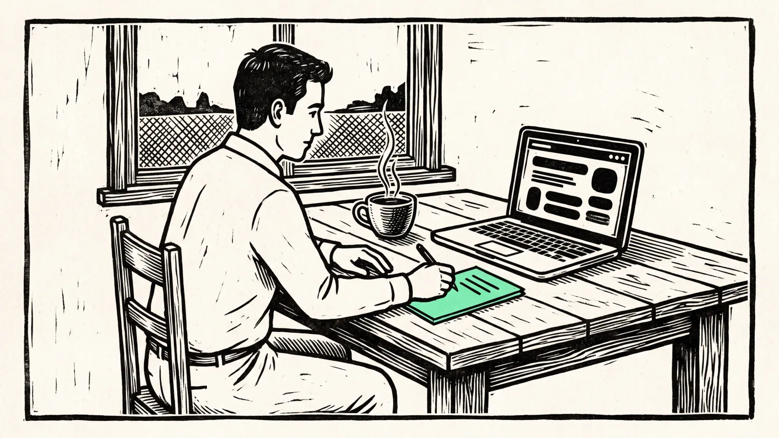 Linocut: in the morning, a man sitting at a kitchen table writes three lines on a notepad, next to an open laptop showing a conversation and a steaming cup of coffee.