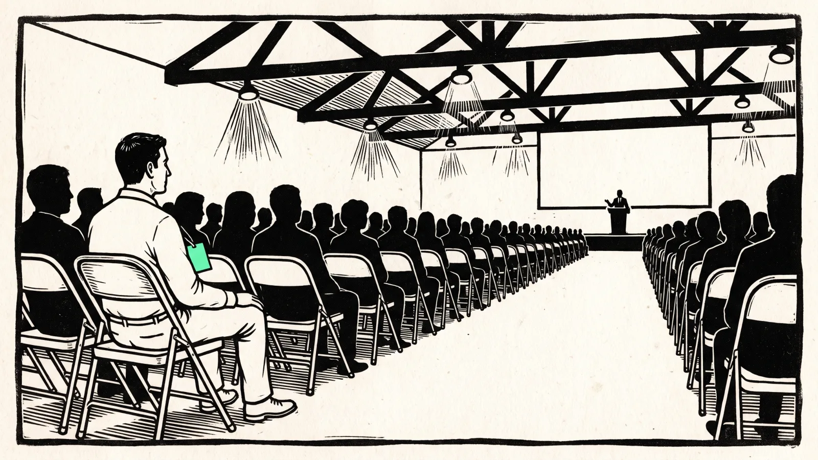 Linocut: a vast conference hall, rows of folding chairs and thousands of silhouetted heads, a distant stage with a tiny speaker in front of a blank screen; in the foreground, a man seated at the end of a row, a badge on his chest.