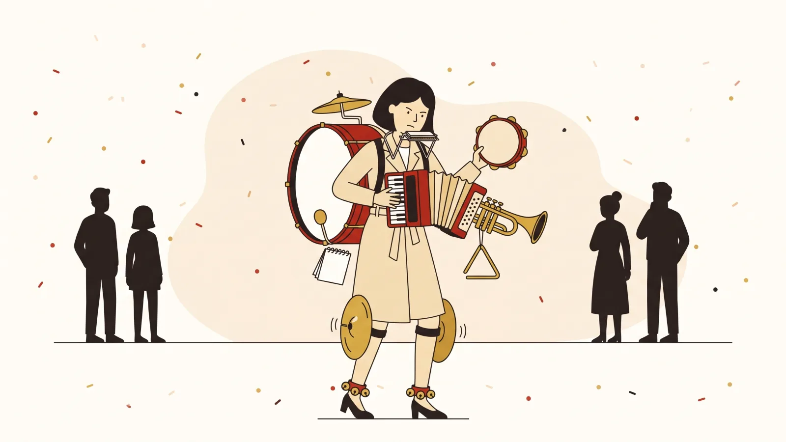 Flat illustration: a woman in a beige trench coat plays every instrument of a one-woman band on her own, a red bass drum on her back, accordion, trumpet, harmonica, tambourine, cymbals on her knees and bells on her ankles, her notepad still in hand, watched by a few passers-by.