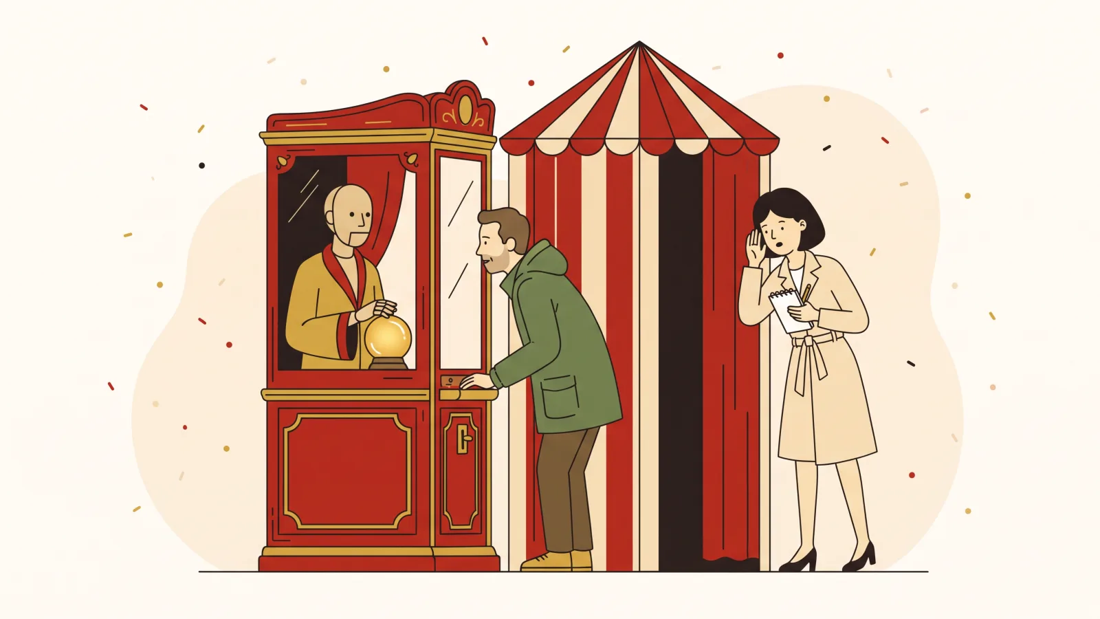 Flat illustration: at the funfair, a man in a green parka whispers his question to a fortune-telling machine, an automaton behind glass with its hands on a gold crystal ball. Right next to it, a woman in a beige trench coat presses her ear against the closed canvas of a striped booth and hears nothing.