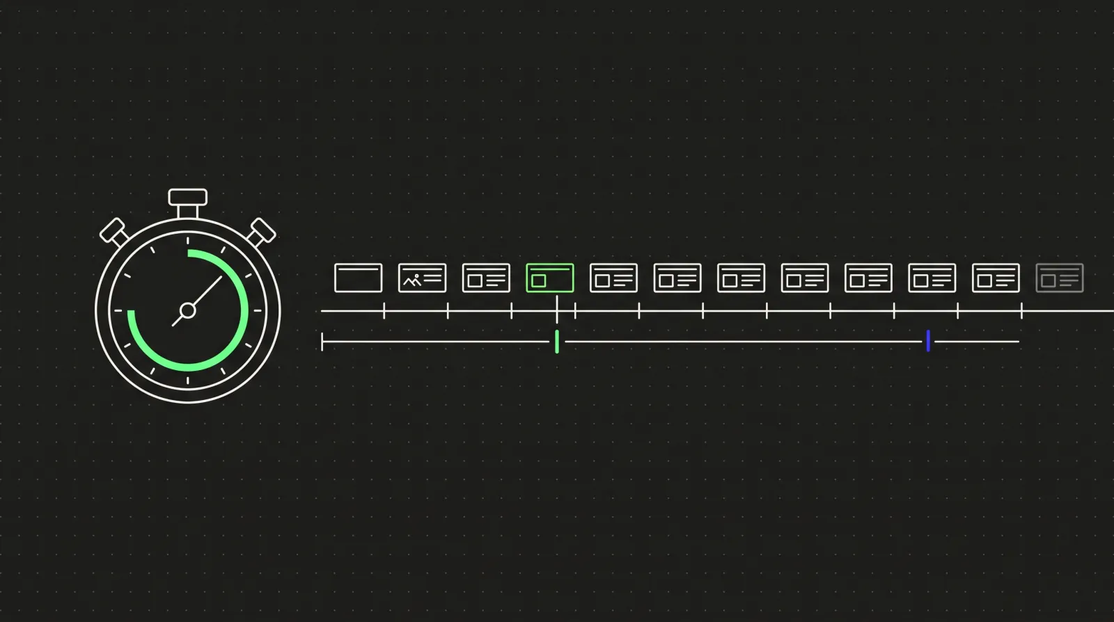 Fine-line illustration on a charcoal background: a stopwatch with a lime dial next to a row of about ten slides calibrated along a timeline, mastered timing.