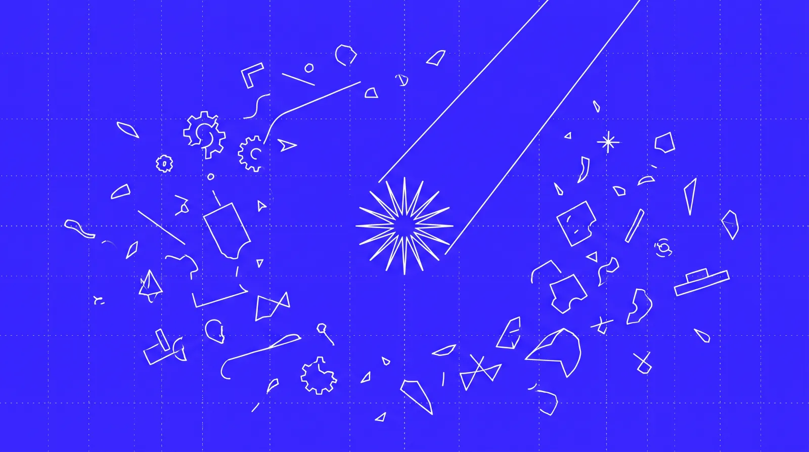 Fine-line illustration on a blue background, all in ivory: a spotlight beam converges on a single sharp focal point, surrounded by scattered topic fragments drifting around.