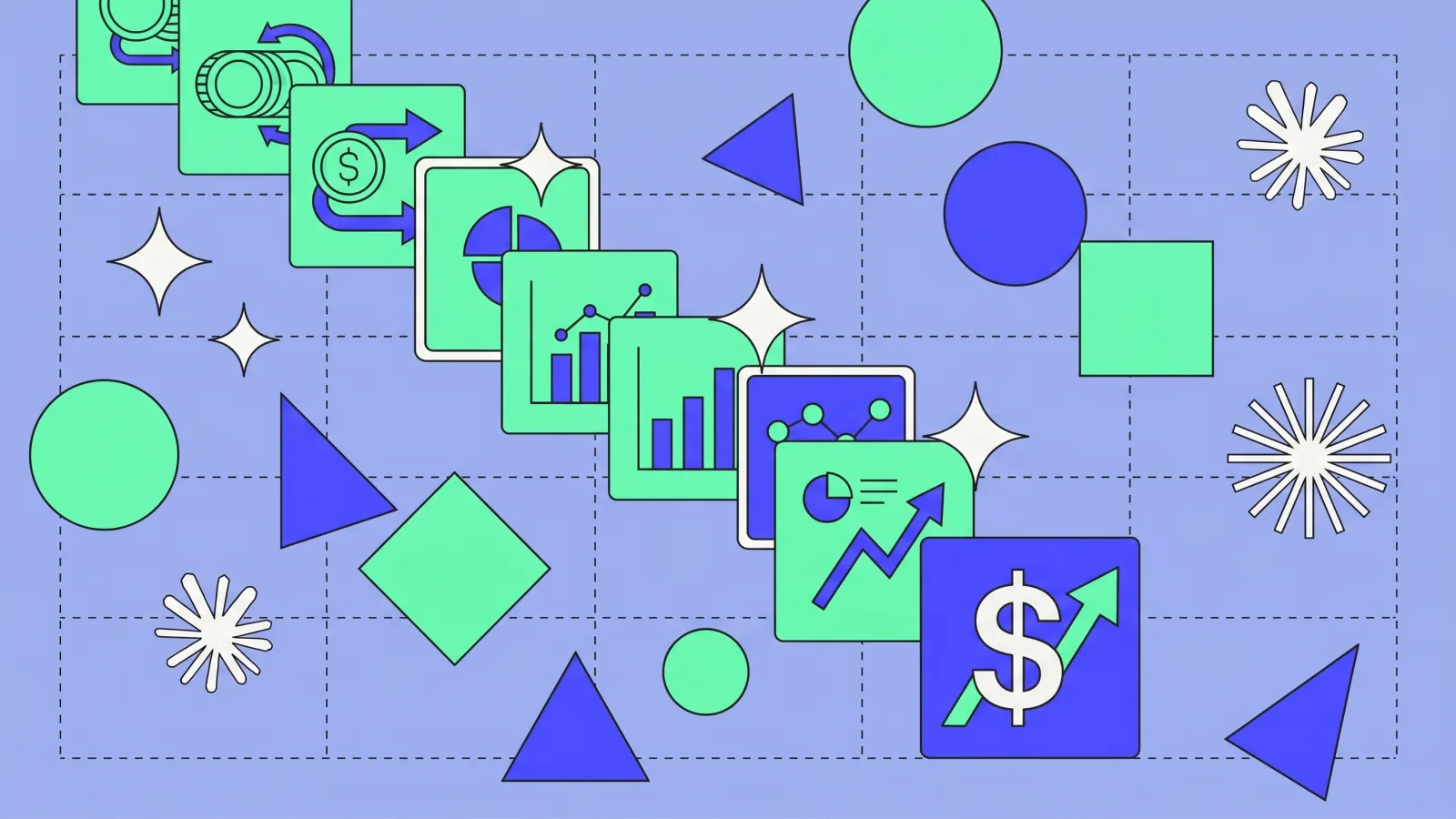 Illustration: a cascade of metric tiles descending from spend down to profit