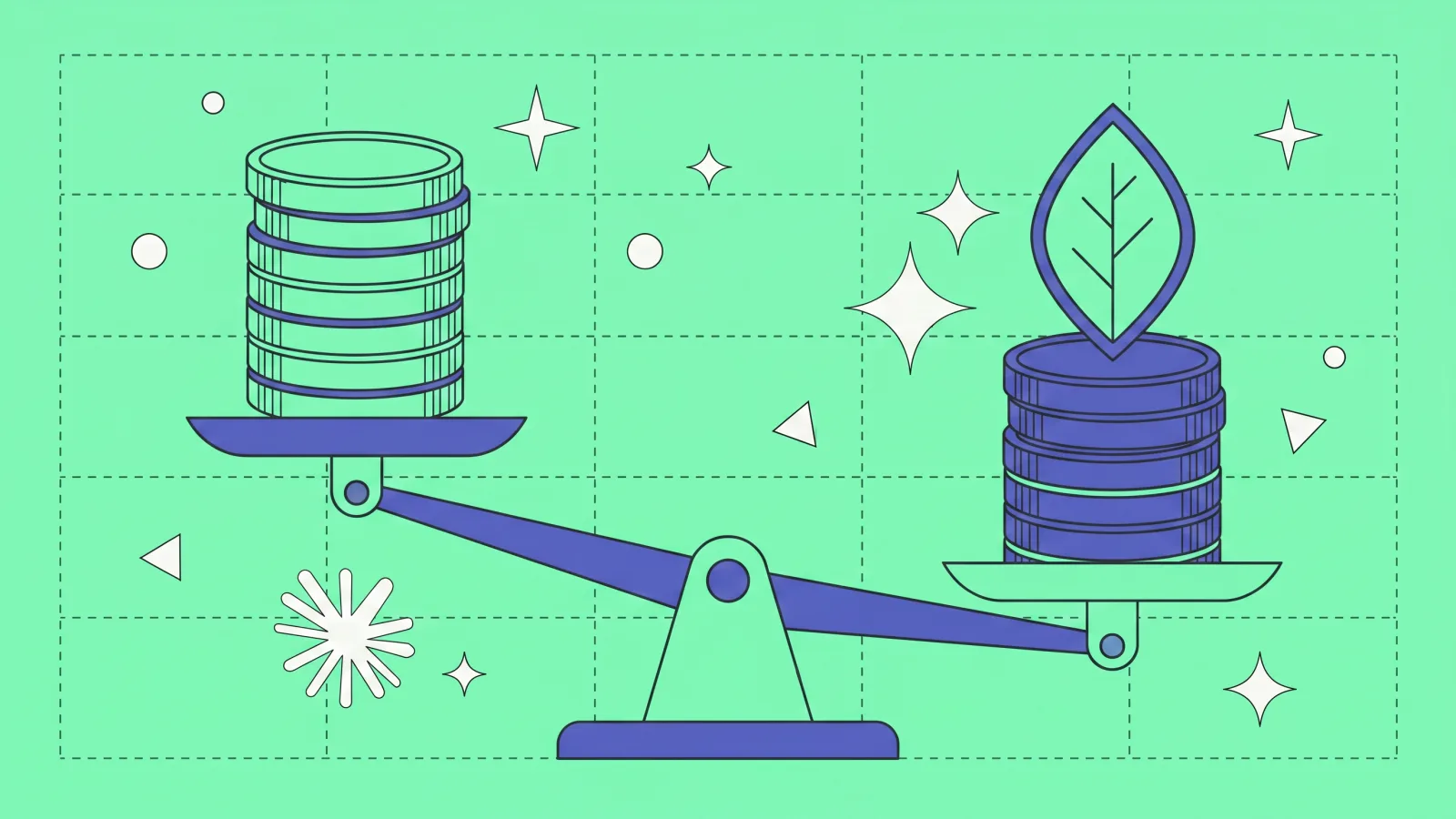 Illustration: a scale tipping toward a coin stack topped with a profit leaf