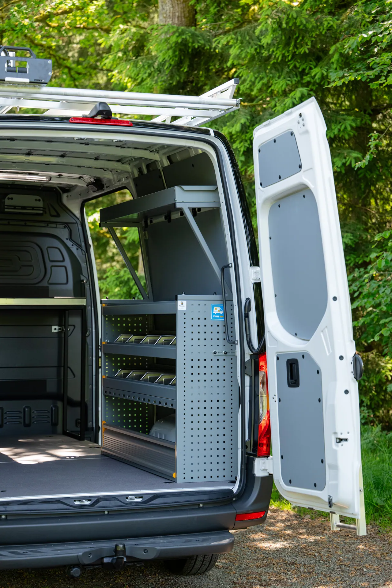 Custom shelving in a utility van