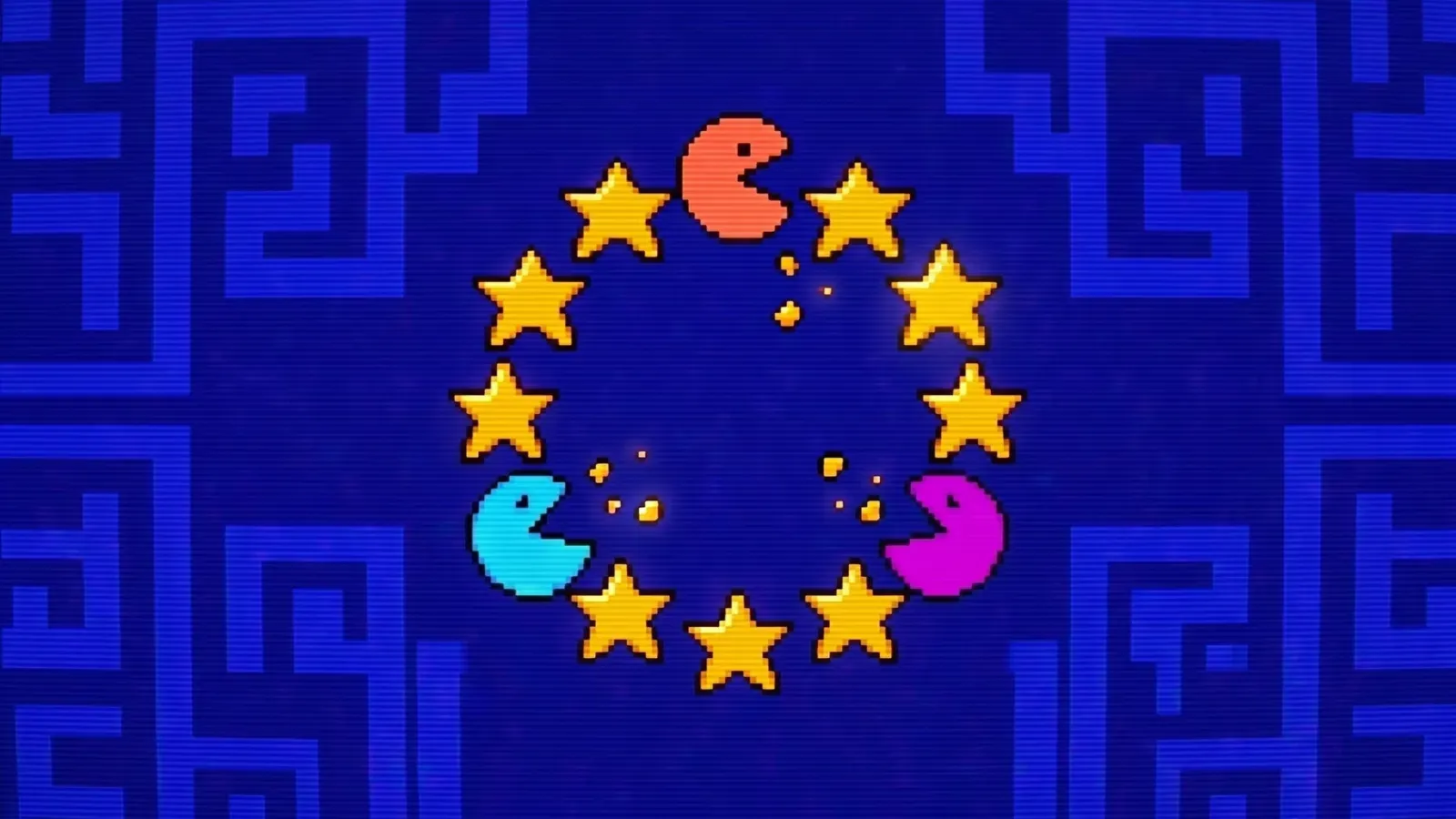 Illustration pixel-art façon borne d’arcade : trois personnages style Pac-Man dévorent l’anneau des douze étoiles dorées de l’Europe